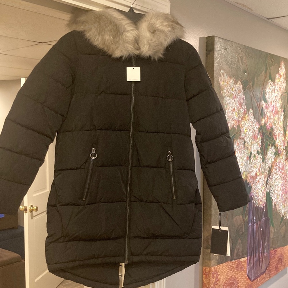 Donna Karan of New York parka size extra small black fur hood. Originally $245